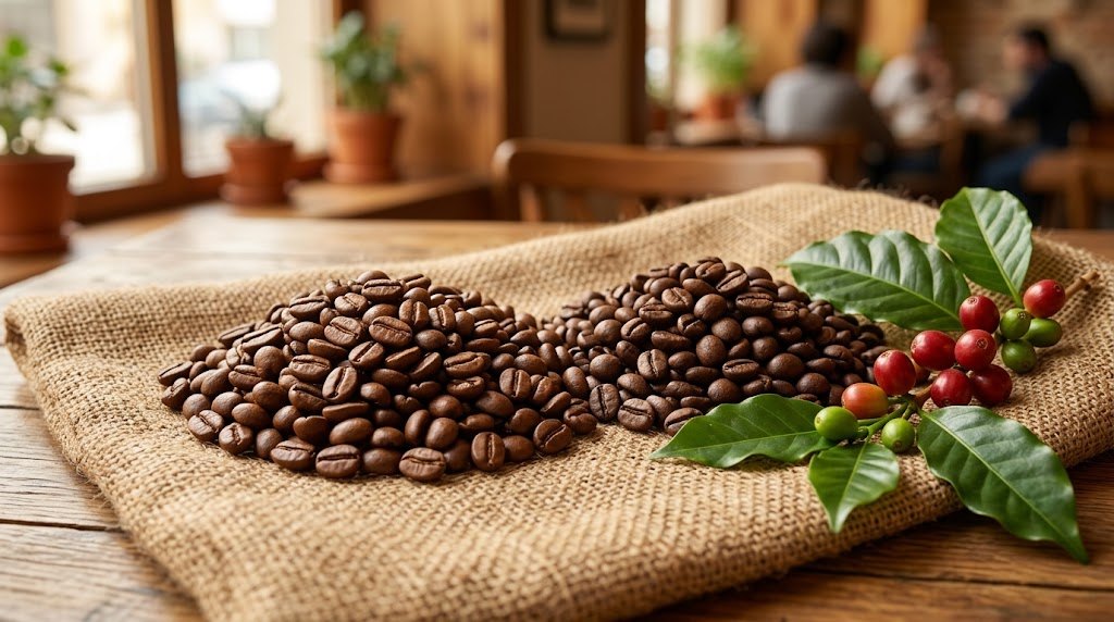 Arabica ve robusta: arabica ve Robusta kahve çekirdekleri çuval üzerinde