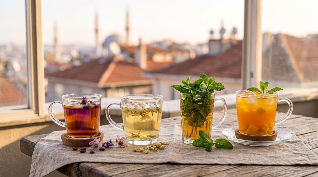 Aromalı çay: earl Grey, yasemin, Fas nanesi ve mangolu çay bardakları