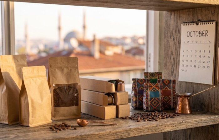 Kahve ihtiyacı: rafta düzenlenmiş kahve paketleri ve kapsül kutuları
