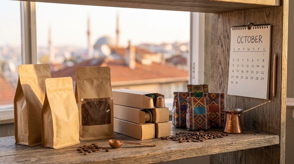 Kahve ihtiyacı: rafta düzenlenmiş kahve paketleri ve kapsül kutuları