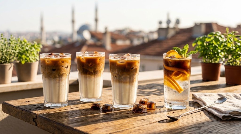 Buzlu kahve tarifleri: buzlu latte ve espresso tonic bardakları