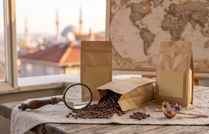 Kahve etiketi: etiketli kraft kahve paketleri ve büyüteç