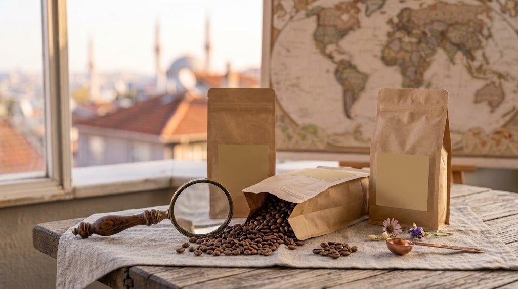 Kahve etiketi: etiketli kraft kahve paketleri ve büyüteç