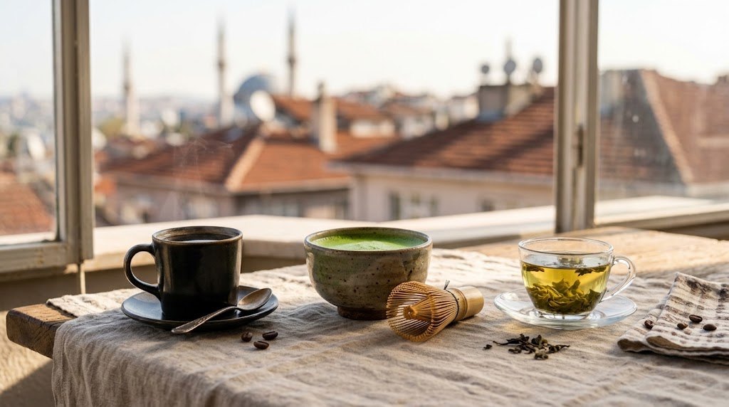 Kafein miktarı: filtre kahve, matcha ve yeşil çay yan yana