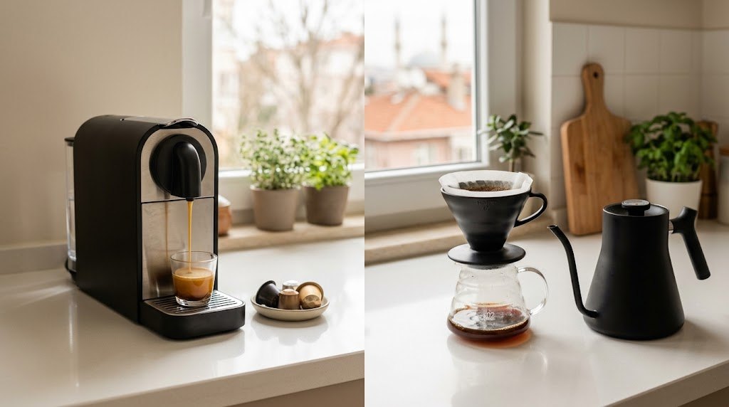 Kapsül kahve: kapsül kahve makinesi ve V60 filtre kahve demleme