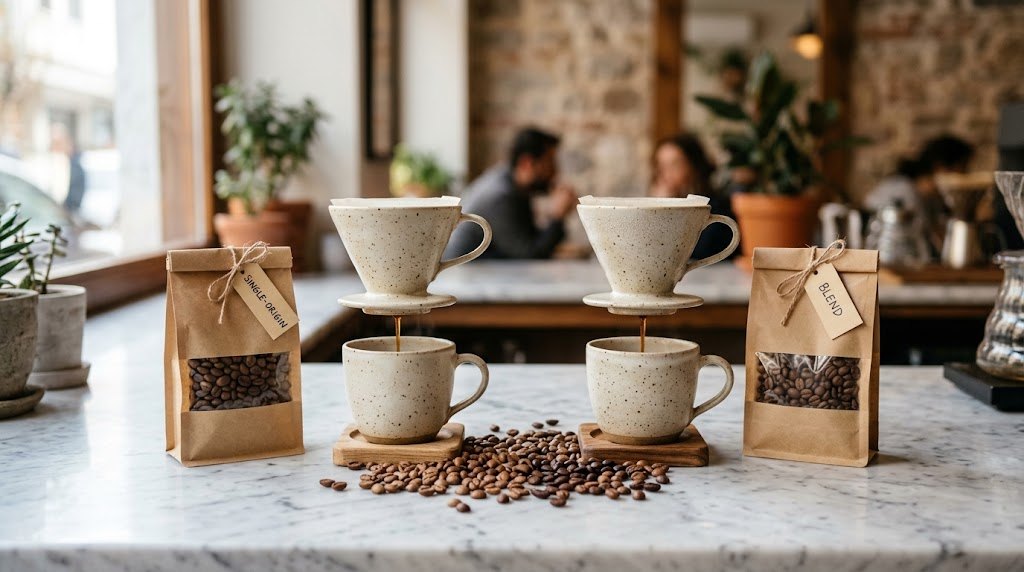 Single origin ve blend: single origin ve blend kahve paketleri ile filtre kahve fincanları