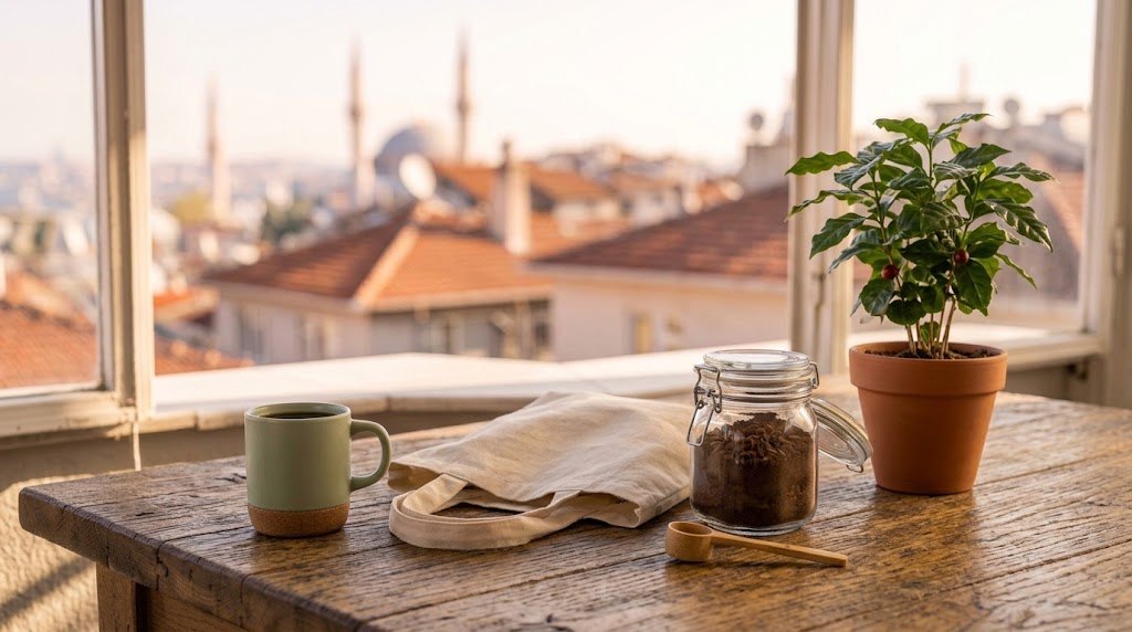 Kahve alışkanlıkları: tekrar kullanılabilir kupa, bez çanta ve kahve telvesi