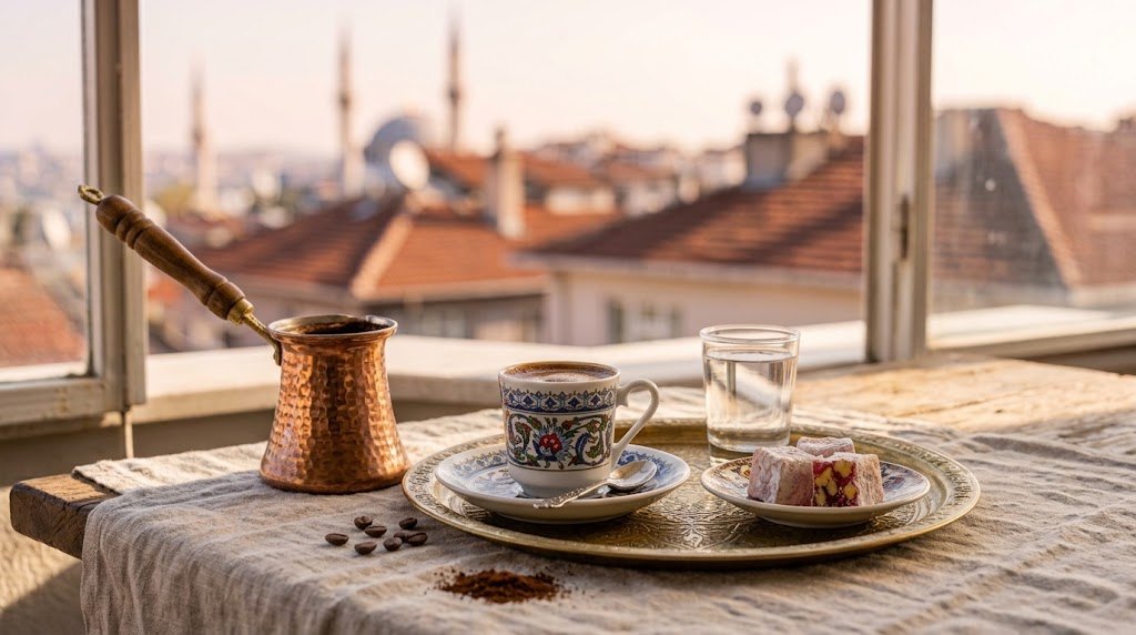 Türk kahvesi kültürü: cezve, fincan, su ve lokum ile Türk kahvesi sunumu
